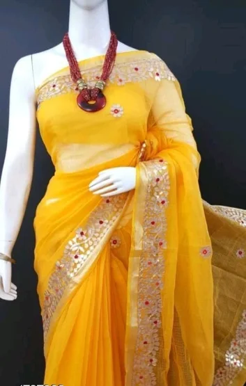 Rajastnai Orange Kota Doriya Cotton Lace Border Light Weigh twomen's Saree With Separate Blouse Piece - Free Size, Yellow, Cotton, Pack of1